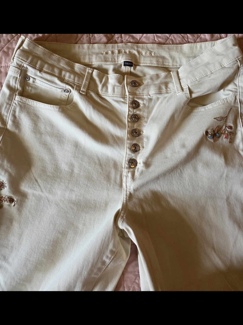 American Eagle Flare Embroidered Jeans Cream Colored